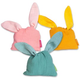 Papierdrachen Muslin Easter Bunny Bags - in Mustard Yellow, Pink and Olive and Size - Bag with Rabbit Ears - Gift for Easter - Party Bag or Gift Packaging - Set of 12