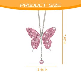 KHGUZ Bling Butterfly Car Accessories, Crystal Rhinestone Vehicle Rear View Mirror Charms, Lucky Diamond Auto Interior Hanging Ornament Pendant for Women Girls, Universal for Most Cars (Pink)