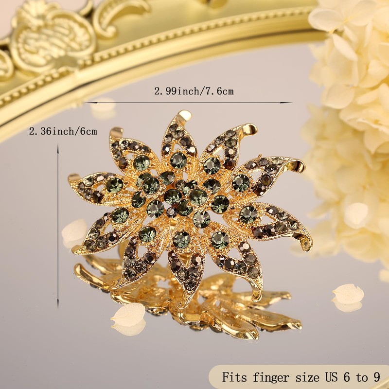 Yheahin Elegant Big Crystal Flowers Ring for Women Gold Rhinestone