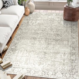ReaLife Machine Washable Area Rug - Living Room Bedroom Bathroom Kitchen Entryway Office - Padded Low Pile Stain Resistant Premium - Boho Farmhouse Vintage - Lyle - Beige Ivory 4' x 6'