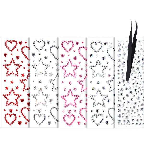 Selbstklebende Gesichts-Rhinestones Mit Stern- Und Herz-Designs, Festival-Haarglitzer, Rave-Accessoires, Gesichtsschmuck FüR