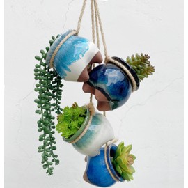 Casktcom Cute Hanging Succulent Planters Ceramic, Hand Crafted Cute Small Hanging Pots with Drainage Hole, Indoor Outdoor Unique Glazed Mini Pot，4 Inch Set of 4