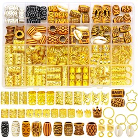 Fscwlmon 235 Pcs Hair Jewelry Hair Charms for Women Braids,Loc Jewelry for Hair Dreadlocks,Accessories Hair Decoration Cuffs Coils Rings Hair Beads Shell Pendants Wood-Like Beads for Women Men Golden