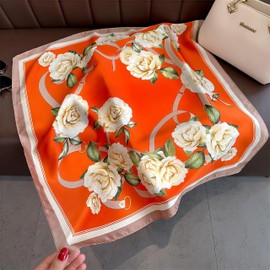 Mettclasi 27.5" Women's Fashion Pattern Silk Feeling Scarf Square Satin Head Scarf Bandana for Hair Wrapping - Orange Rose