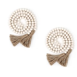 Vokowin 2 Packs Tassels Wood Bead, Wood Bead Garland with Tassels, Rustic Country Wooden Bead Decor Home Hanging Decoration Prayer Beads (K106-2)