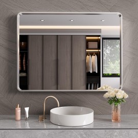 JISOSO Brushed Nickel Bathroom Mirror,40x36 Inch Thick Silver Metal Rectangle Frame Wall Mirror, Modern Round Corner Bathroom Vanity Mirror for Over Sink, Bedroom, Living Room, Entryway