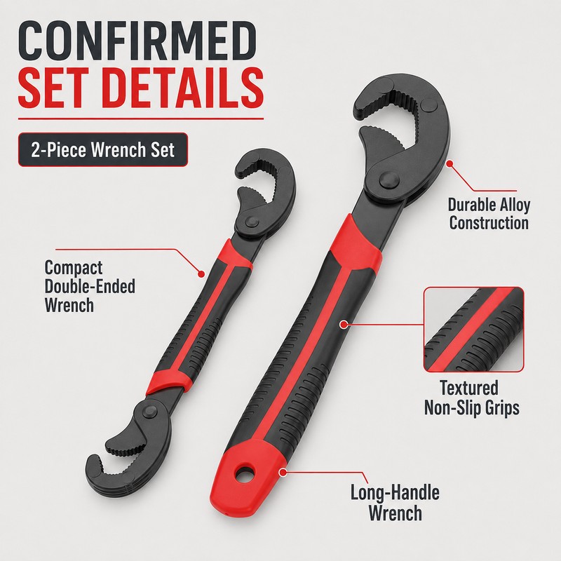 Self-Adjusting Open-End Wrench Set with Double-End Grip for Nuts, Bolts