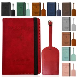 Jeal23 Set Passport Cover + Suitcase Tag | RFID Blocking Document Holder | Travel Accessories Unisex, red, Elegant
