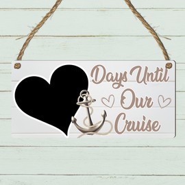 Days Until Our Cruise Countdown Sign - Fun & Stylish MDF Wooden Plaque with Heart Chalkboard for Holiday Vacation Countdown - Ready to Hang with Rustic Rope (White, Without Pen)