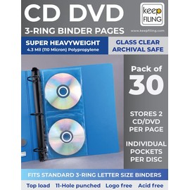 CD Binder Pages for 3-Ring Binders Holds 2 CD per Page. Clear & Acid Free Poly Sleeve - 60 Disc Capacity - 30 Pack