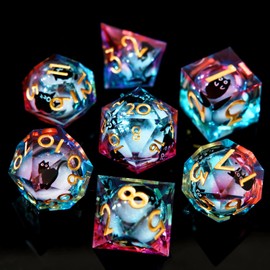 Cat Liquid Core DND Dice Set - 7 Pcs Sharp Edge Resin Polyhedralsuitable for Dungeons and Dragons Roleplaying Games (Green Pink