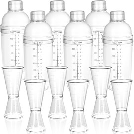 12 Pcs Plastic Cocktail Shaker Set Including 6 24 OZ/ 700ml Clear Drink Mixer with Scales and Strainer 6 Double Measuring Jigger for Cocktail Coffee Drinks Milk Juice Kitchen Party