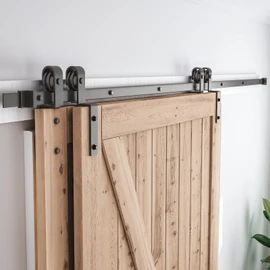 SMARTSTANDARD 9 Feet Bypass Sliding Barn Door Hardware Kit - for Double Wooden Doors-Single Track - Smoothly & Quietly - Easy to Install-Fit 96" Opening