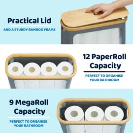 ROSOS Toilet Paper Basket, Toilet Paper Storage with Lid for 12 Rolls, Toilet Paper Organizer for Bathroom, Free Standing Toilet Paper Holder with Storage, Toilet Paper Organizer Basket, Grey