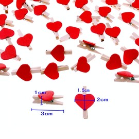 JZK 100 x Red Heart Mini Wooden Clothes Pegs 3 cm + 30 m Jute String for Wedding Party Photo Holder Card Decoration DIY Decoration