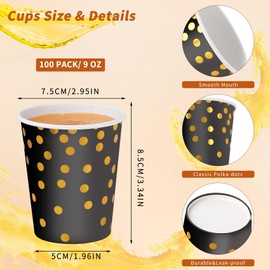 CEILIWEN Pack of 100 Black Gold Party Paper Cups, 9 oz/250 ml Gold Polka Dot Paper Cups, Party Paper Cups for Hot and Cold Drinks (Black/Golden)