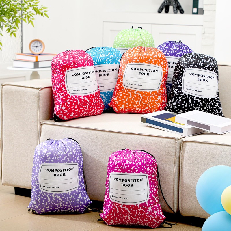 Sunnymove 24 Pcs Composition Book Themed Drawstring Bags Bulk Treat
