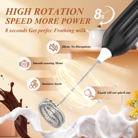 GYUGFCG Milk Frother Powerful Handheld Rechargeable With 2 Stainless Heads 3 Speeds, Frother Wand Drink Mixer,Electric Whisk Foam Maker for Coffee,Lattes,Cappuccino,Hot Chocolate,Matcha, Egg- Black