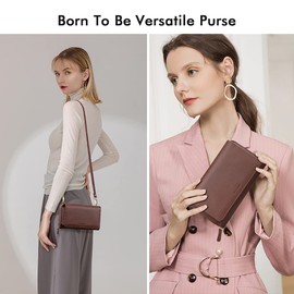 RONSIN Leather Wallets for Women Purse Crossbody Bag with RFID Card Clutch Purse for Party Prom (Coffee Wristlet)