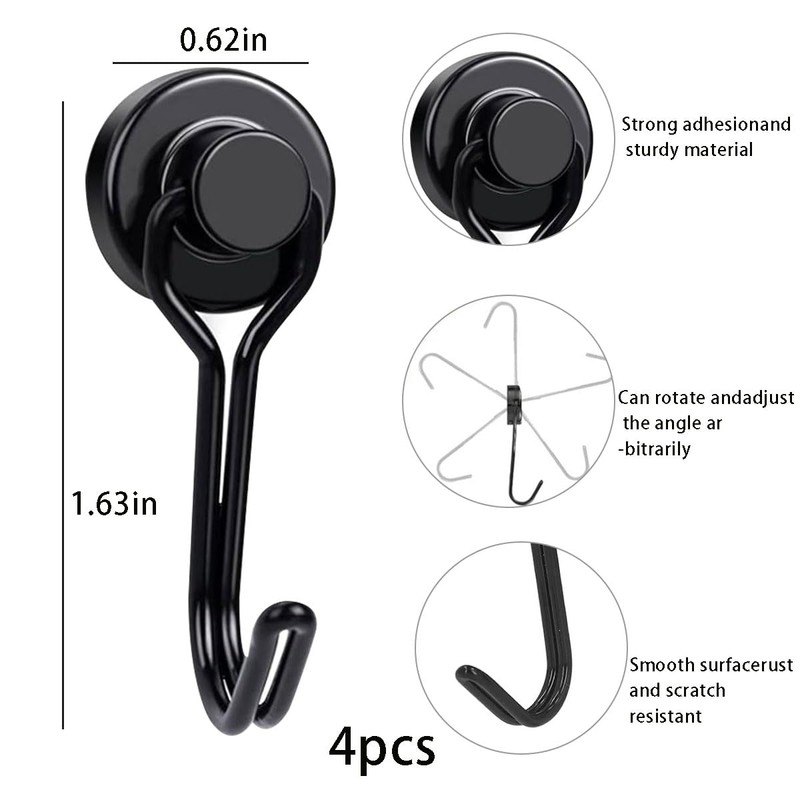 KARELLS Black Magnetic Hooks, Magnetic Hooks, Pack of 4 Magnetic