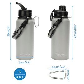 Belle Vous Trinkflasche Edelstahl mit 2 Deckeln - Doppelwandige Vakuum Thermo-Trinkflasche 1L mit Strohhalmdeckel für Heiße/Kalte Getränke - BPA-Freie, Auslaufsichere Trinkflasche Sport/Zuhause - Grau
