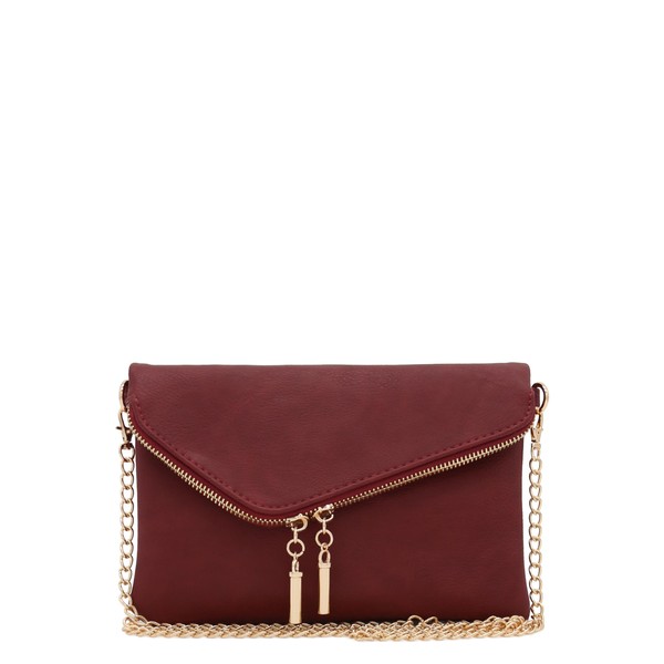 FashionPuzzle Envelope Wristlet Clutch Crossbody Bag with Chain Strap (Burgundy)
