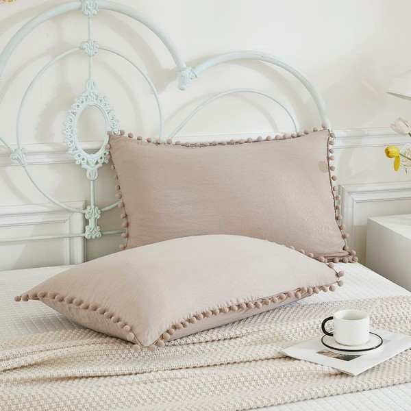 Taupe Pom Poms Pillowcases King, Khaki Tan Pillowcases Set of