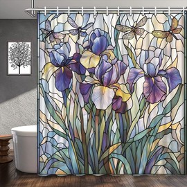 WUASDCS Stained Glass Shower Curtain Purple Floral Flowers Green Leaves Dragonfly Abstract Wildflower Nature Plant Bathroom Decor Polyester Fabric Curtains with Hook 70Wx70H Inches