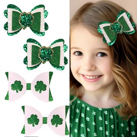 4 Pcs St. Patrick's Day Hair Clips Bow Hair Accessories Cute Clover Pattern Glitter Sparkly Hair Barrettes Holiday Headdress Hairpin for Girls Women Kids Party Cosplay Gift