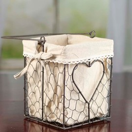 Factory Direct Craft Square Brown Chicken Wire Basket with Natural Linen Liner and Heart Accent in Middle. for Cottage, Coastal or Farmhouse Decor Organizer.