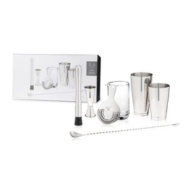 Viski Metallic Cocktail Shaker Set 7pcs Kit, Drink Mixers for Cocktails Gift Essentials: Tin on Tin Shaker, Mixing Glass, Hawthorne Strainer, Double Jigger, Muddler and Barspoon