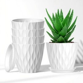 CNLBO 5 Pack 7 Inch Plant Pots with Drainage Holes and Saucers, White Flower Pots for Indoor Plants, Plastic Planters Plant Pot for Indoor Outdoor Garden Plants and Flowers