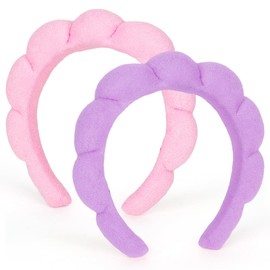 AMCAMI 2 PCS Puffy Spa Headband for Women Sponge Headbands for Girls Terry Towel Cloth Fabric Head Band for Skincare,Makeup Removal,Face Washing,Facial Mask,Shower,Hair Accessories（Purple&Light Pink）
