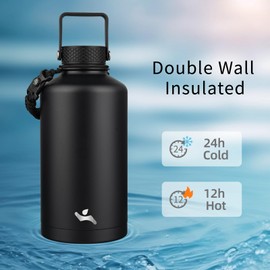 Konokyo Insulated Water Bottle with Straw,87 oz 3 Lids Water Jug with Carrying Bag,Paracord Handle,Double Wall Vacuum Stainless Steel Metal Flask,Black