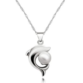 Uloveido Cute White Dolphin Pendant Necklace for Women Silver Color Created Pearl Necklace for Mom Mother Day Birthday Jewelry Gift N1076