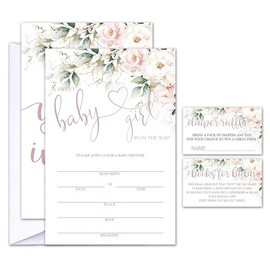 Geuro Set of 25 Baby Shower Invitations with Envelopes, Diaper Raffle Tickets and Baby Shower Book Request Cards, Floral flower