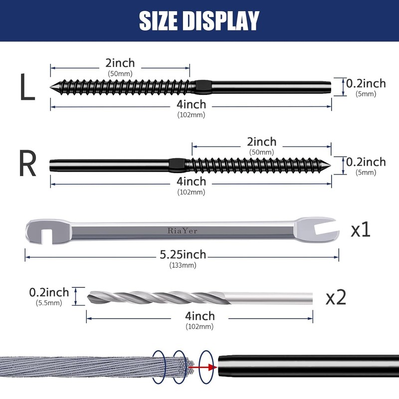 RiaYer 100-Pack Black Cable Railing Kits, 1/8" Swage Lag Screws
