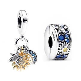 BEVALY Celestial Sun Star Moon Triple Women Dongle Charms for Bracelets Necklaces 925 Sterling Silver Bead Clip Charm Jewelry Gift for Friend