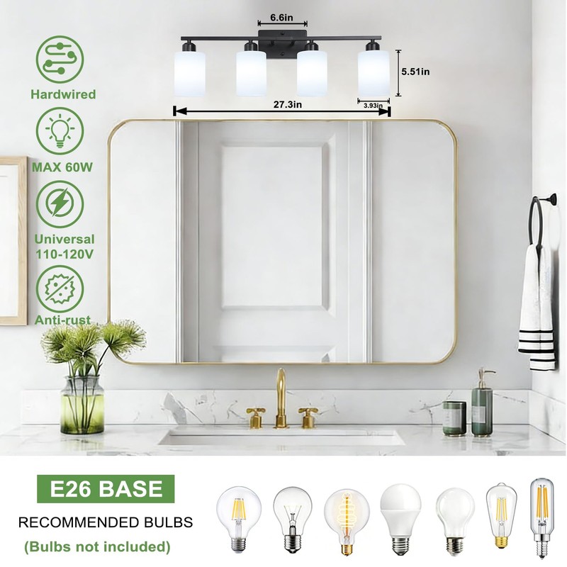 SOTTAE 4-Light Bathroom Vanity Lights, Modern Vanity Lighting with Milky