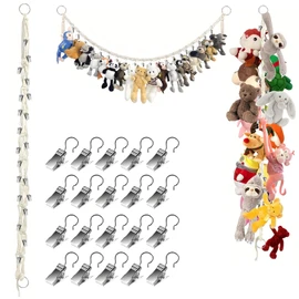 TenaLucy Hanging Stuffed Toy Holder, 2 m Cuddly Toy Storage with 20 Metal Clips, Stuffed Toy Storage, Boho Stuffed Toy Organiser Chain, for Hanging Hats, Socks, Toys