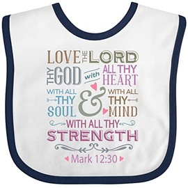 inktastic Love the Lord Heart Mind Strength Baby Bib White and Navy 35709