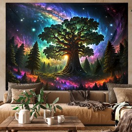 WIERAEM Schwarzlicht Wandteppich Wald Uv Psychedelic Wandtuch Natur Baum Sterne Galaxy Trippy WandtüCher SchöNe Bunt Fluoreszierende Tapestry Deko Mittelgroß 200x150cm
