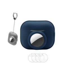 2 in 1 Case Compatible for AirPod Pro (2nd Generation) for Airtag,Silicone Cover Skin for GPS Tracker Headphone with Keychain，with 4 Pack Screen Protector, Navy Blue