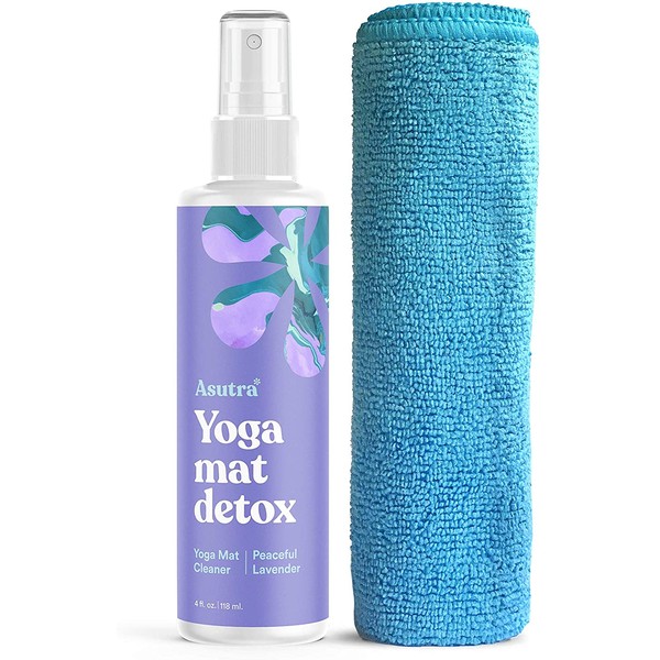 ASUTRA Natural & Organic Yoga Mat Cleaner (Peaceful Lavender Aroma), 4 fl oz | Safe for All Mats & No Slippery Residue | Cleans, Restores, Refreshes | Comes w/ Microfiber Cleaning Towel
