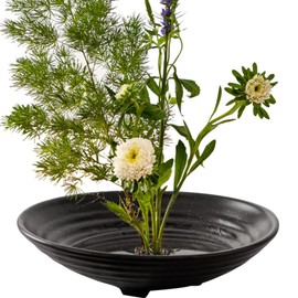 HIGHAWK Flower Vase, For Artificial Flowers, Water Base, Pottery, Flower Arrangement, Japanese Room, Tabletop, Three Foot Plate, Black 8.3 inches (21 cm)
