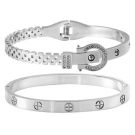 Acnode 2PCS Gold Bracelets for Women Friendship & Love Theme Crystal Bangle Set Stainless Steel Non Tarnish Jewelry, Ideal Birthday Gift. (Silver-C)