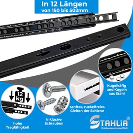 Drawer Runners 2 Pieces (1 Pair) Black Partial Extension Drawer Runners Ball Extension Ball Guide for Drawers 17 mm Groove 246 mm Length Stahlia