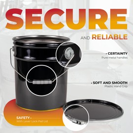 ATERET 5 Gallon Black Metal Bucket & Lever Lock Pail Lid, Heavy Duty Durable Pails and Lids for Outdoor and Household Use