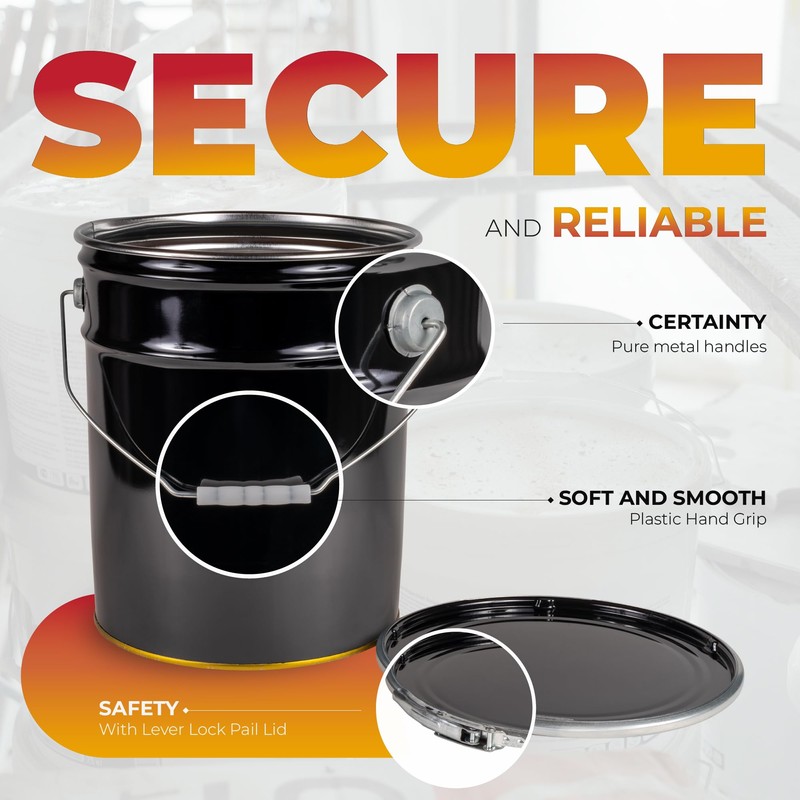 ATERET 5 Gallon Black Metal Bucket & Lever Lock Pail