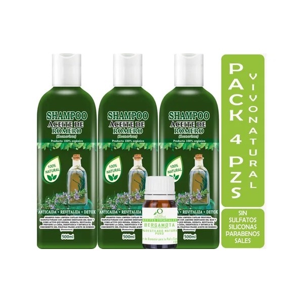 3 Shampoos Aceite De Romero 500ml C/u + Aceite Bergamota